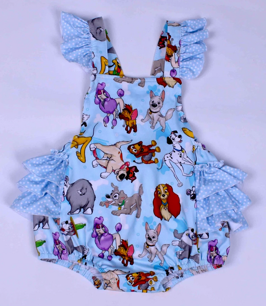 (Custom Design Preorder MOQ 5) Cartoon Dogs Blue Print Baby Girls Summer Bubble Romper