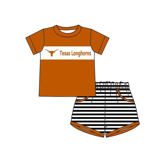 (Custom Design Preorder MOQ 5)  Team's Texas Longhorns Top Stripes Shorts Boys Summer Clothes Set