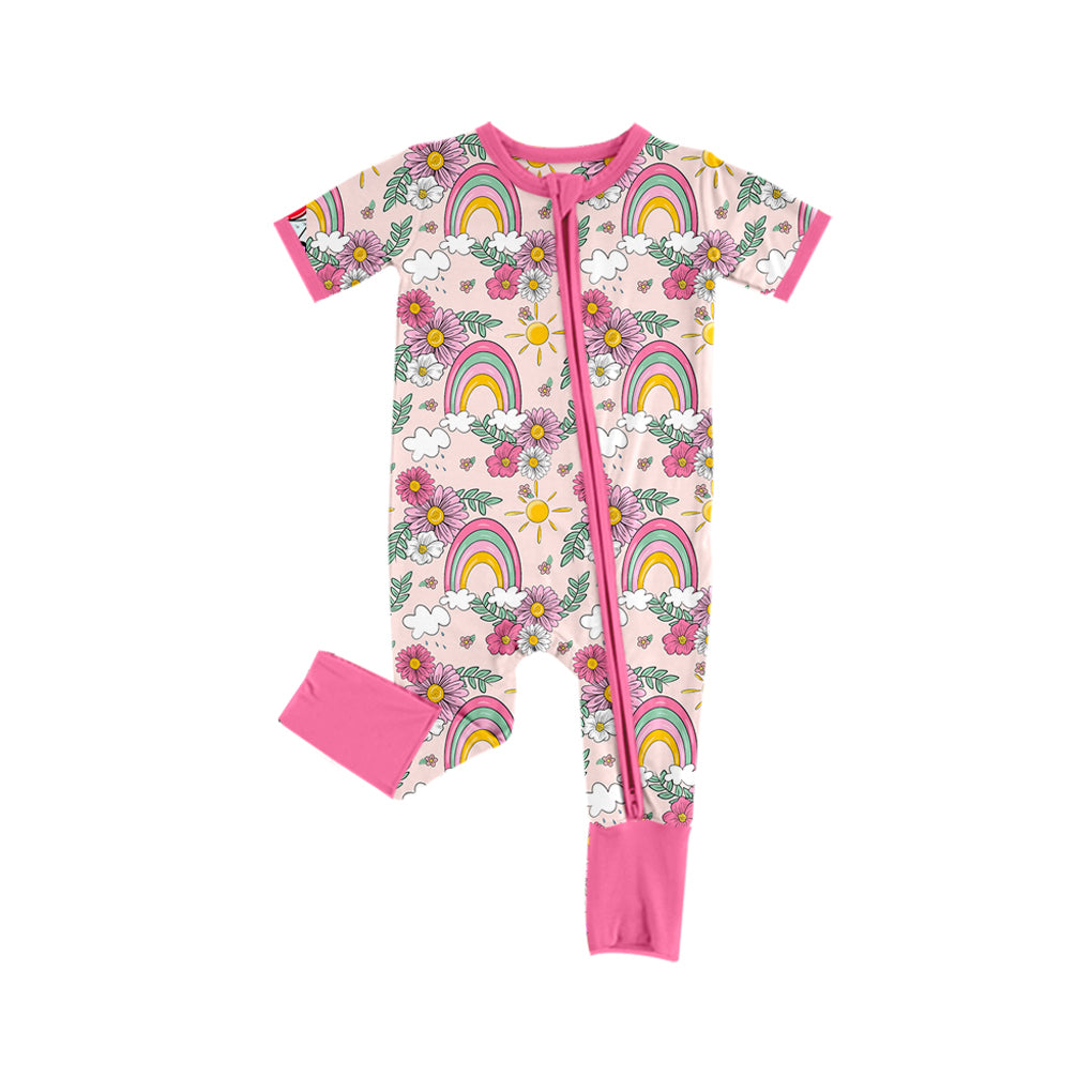 (Custom Design Preorder MOQ 5)  Flowers Rainbow Pink Print Baby Girls Bamboo Sleeper Zipper Romper