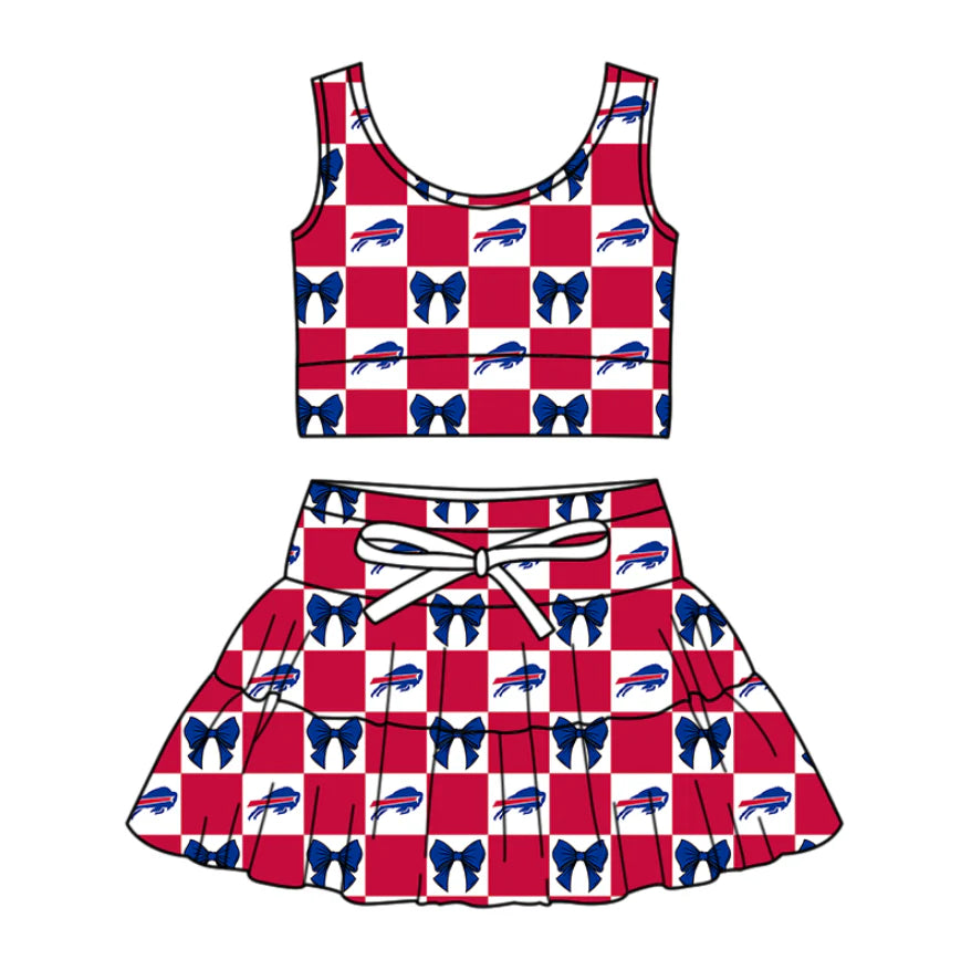 (Custom Design Preorder MOQ 5 Each Color) Team's Bills Bows Plaid Print Girls Summer Clothes Sisters Matching Wear