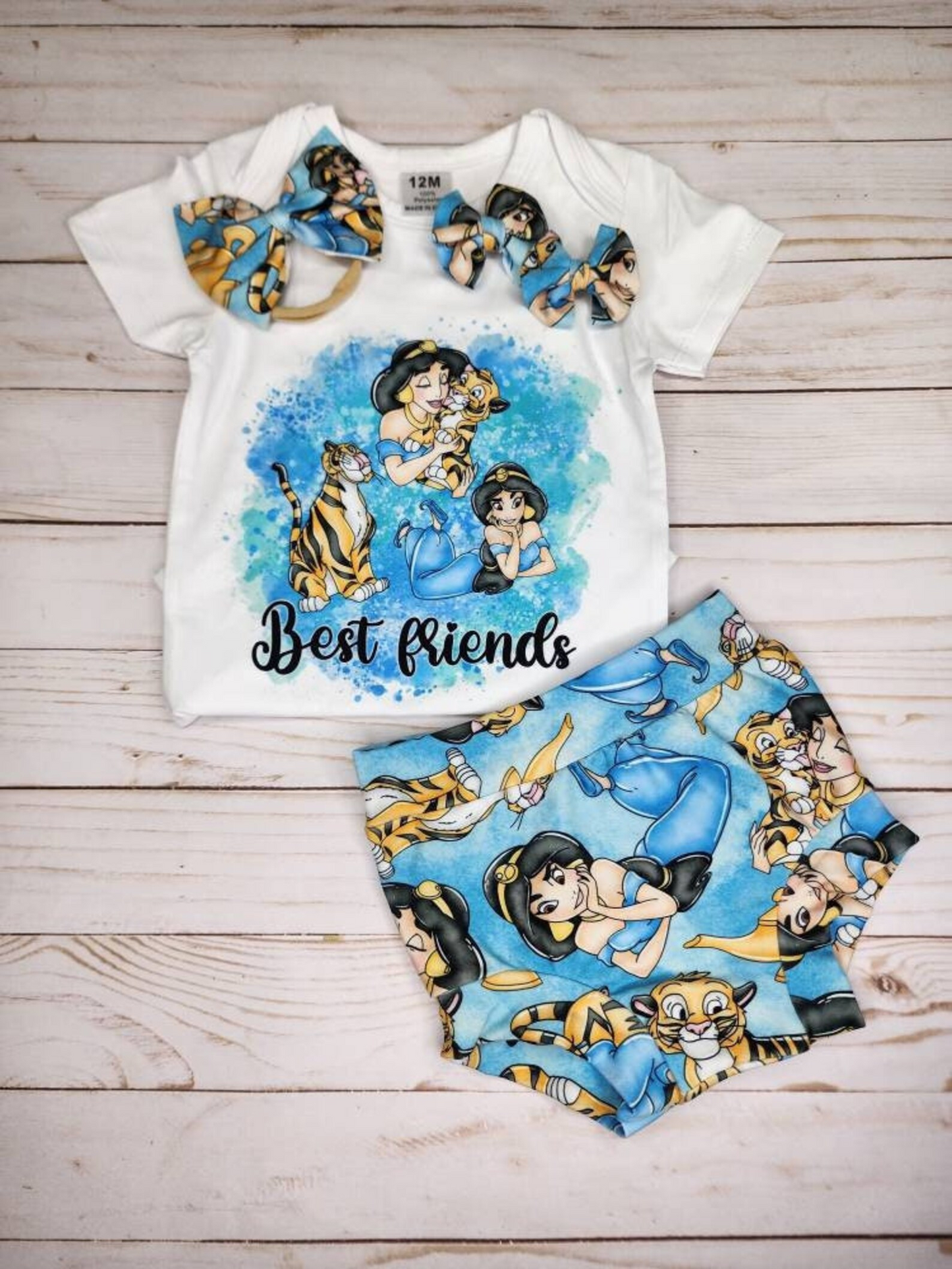 (Custom Design Preorder MOQ 5)  Cartoon Princess Tiger Best Friends Print Baby Girls Summer Bummie Set