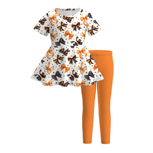 (Custom Design Preorder MOQ 5)  Bows Stars Tunic Top Orange Pants Girls Halloween Clothes Set