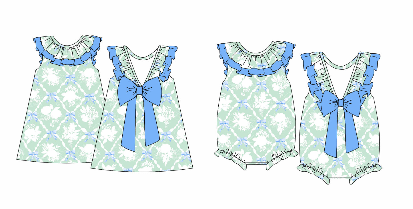 12.14(Custom Design Preorder MOQ 5 Each Design) Green Flowers Print Girls Summer Matching Clothes Sisters Wear