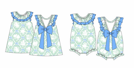 12.14(Custom Design Preorder MOQ 5 Each Design) Green Flowers Print Girls Summer Matching Clothes Sisters Wear