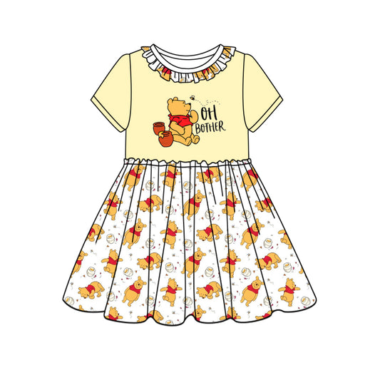(Custom Design Preorder MOQ 5) Cartoon Bear Print Girls Knee Length Summer Dress