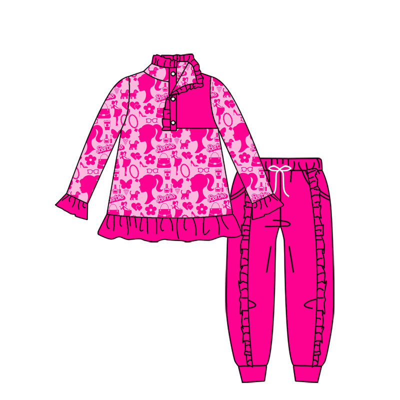 11.16(Custom Design Preorder MOQ 5) Pink BA Pullover Top Hotpink Pants Girls Fall Clothes Set