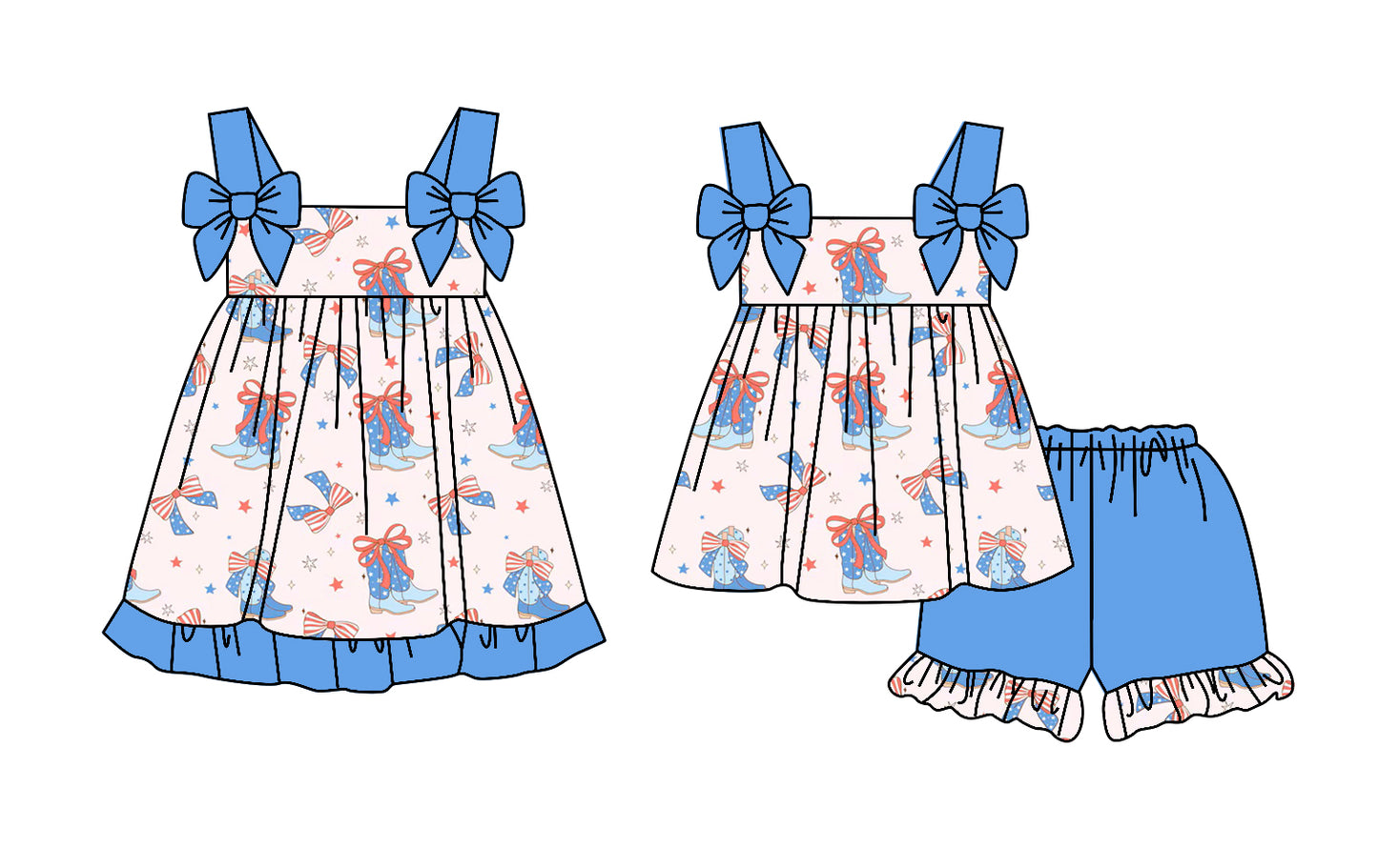 2.24(Custom Design Preorder MOQ 5 Each Design) Boots Bows Print Girls 4th of July Matching Clothes Sisters Wear