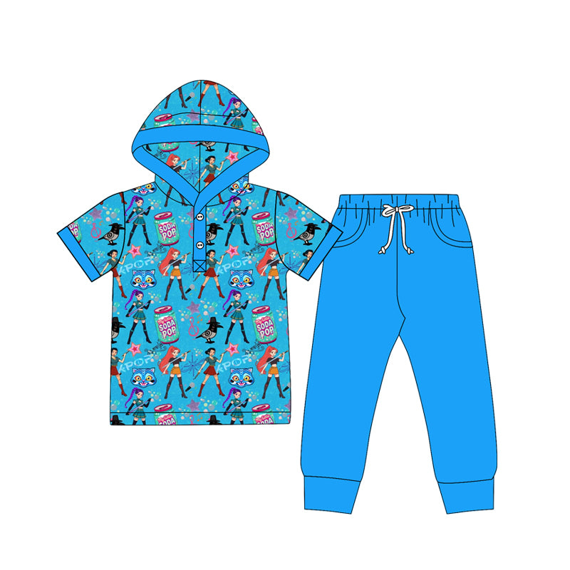 (Custom Design Preorder MOQ 5 Each Design) Cartoon Demon Movie Stars Blue Print Boys Hoodie Matching Clothes Brothers Wear