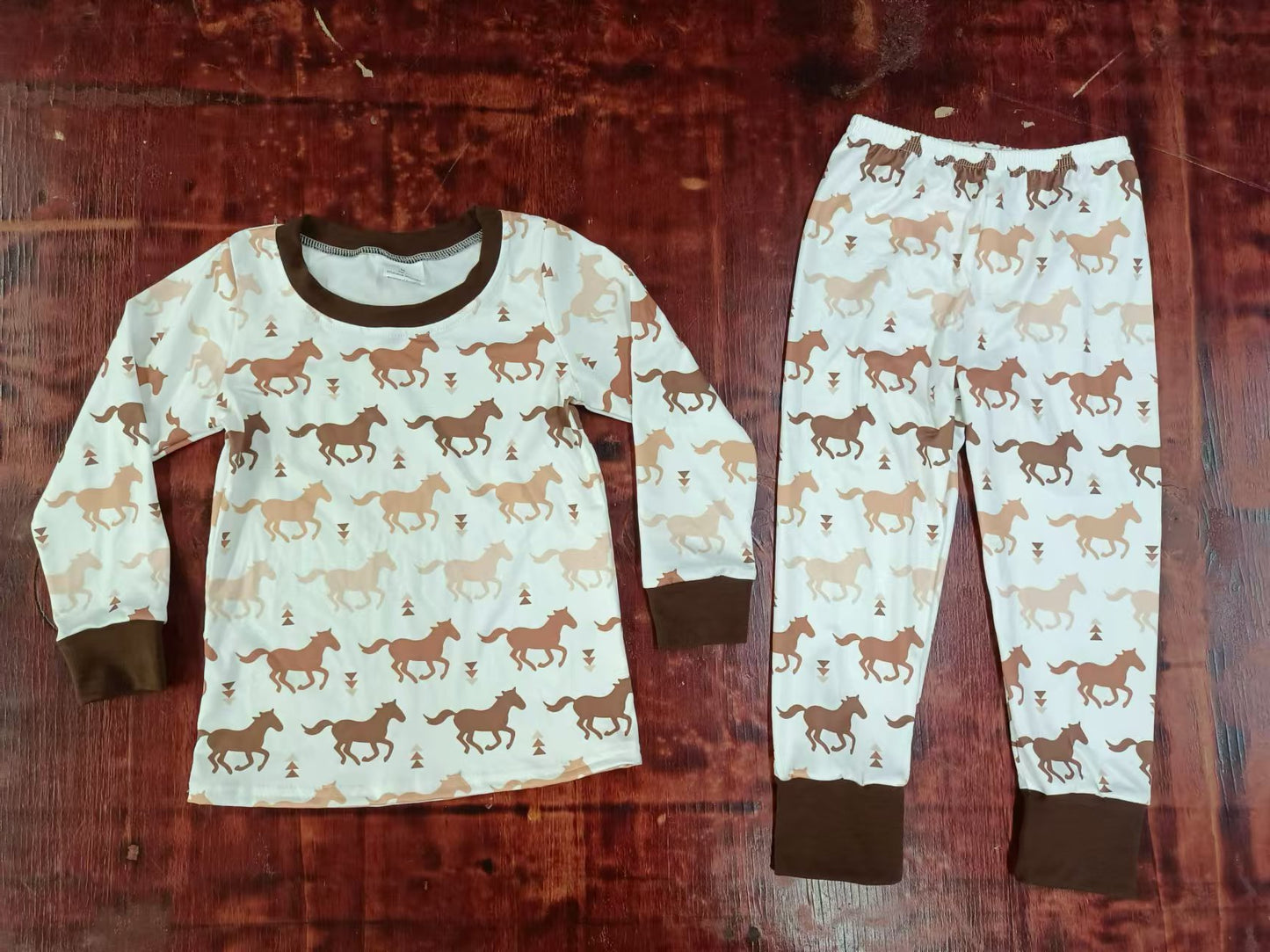 (Custom Design Preorder MOQ 5) Horse Print Girls Fall Western Pajamas Clothes Set