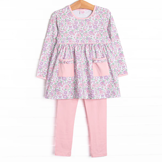 (Custom Design Preorder MOQ 5) Purple Pink Flowers Pockets Tunic Top Legging Pants Girls Fall Clothes Set