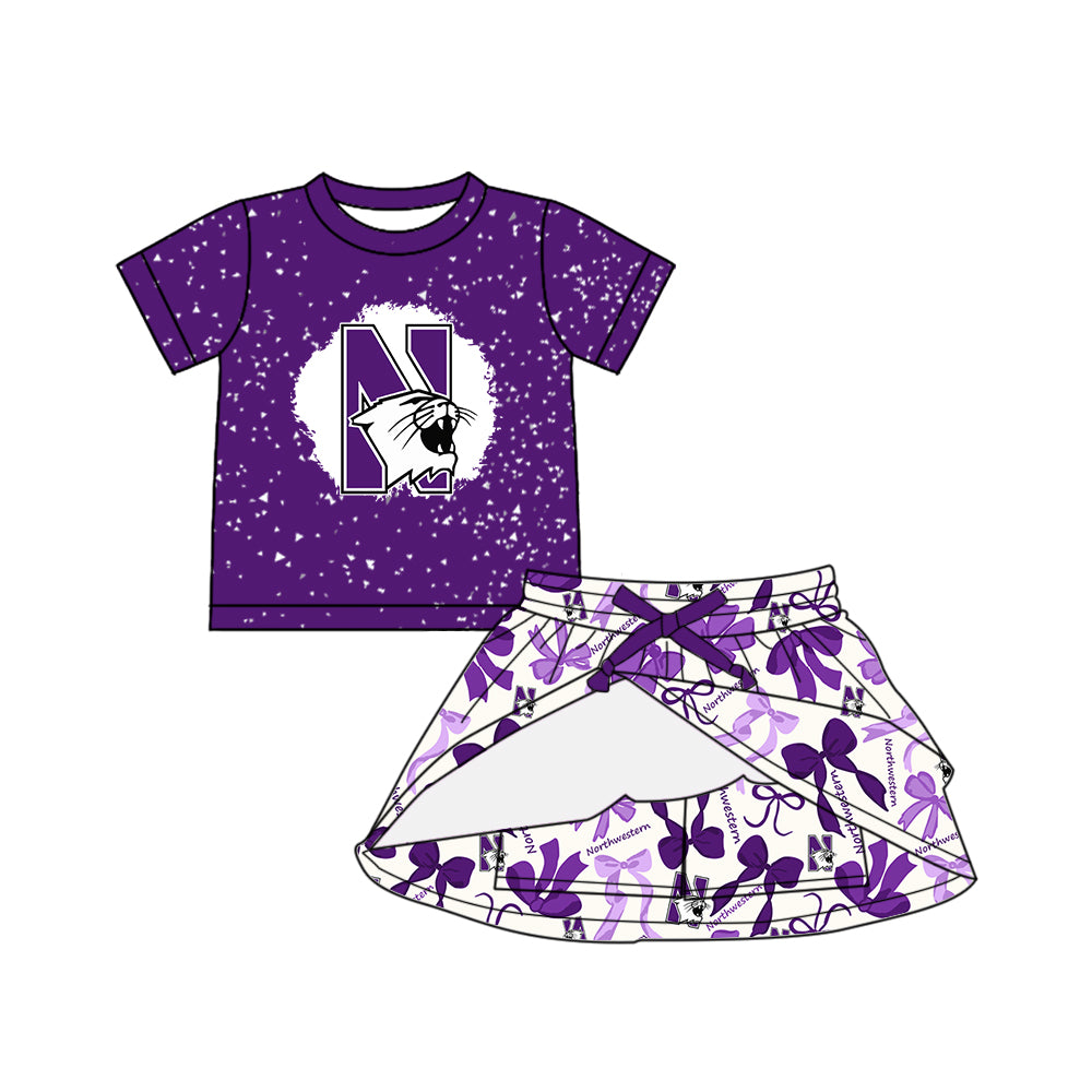 (Custom Design Preorder MOQ 5 Each Color) Team's Northwestern Bows Print Girls Summer Clothes Sisters Matching Wear