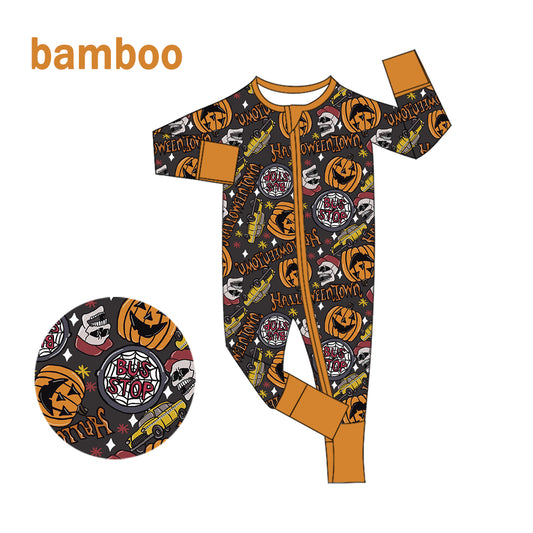 (Custom Design Preorder MOQ 20) Pumpkin Cars Print Baby Boys Halloween Long Sleeve Bamboo Sleeper Zipper Romper