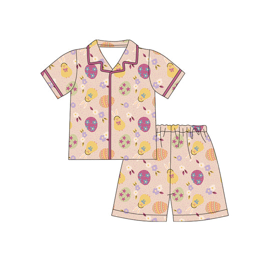 12.10 (Custom Design Preorder MOQ 5)  Bunny Flowers Eggs Print Girls Easter Buttons Pajamas Clothes Set
