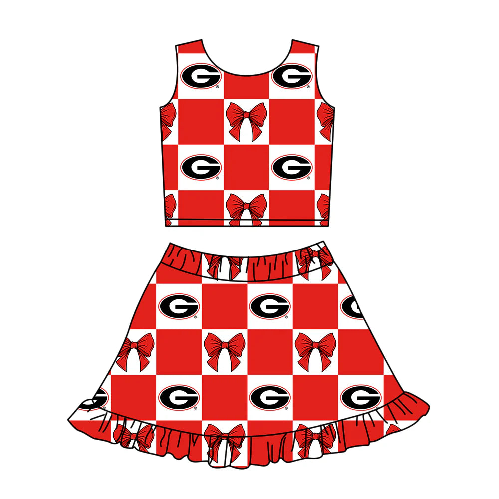 (Custom Design Preorder MOQ 5 Each Color) Team's Georgia Bows Plaid Print Girls Summer Clothes Sisters Matching Wear