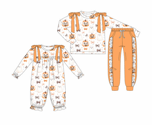 7.1(Custom Design Preorder MOQ 5 Each Design) Pumpkin Bows Spooky Print Girls Halloween Matching Clothes Sisters Wear