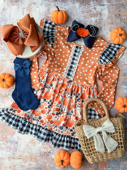 (Custom Design Preorder MOQ 5) Pumpkin Navy Plaid Print Girls Knee Length Fall Dress