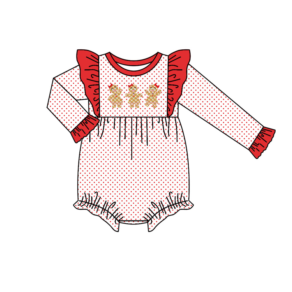 (Custom Design Preorder MOQ 5) Gingerbread Dots Print Baby Girls Christmas Romper