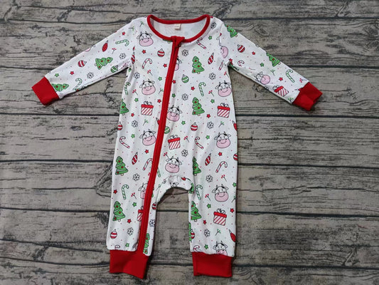 (Custom Design Preorder MOQ 5) Cows Candy Print Baby Girls Christmas Sleeper Zipper Romper