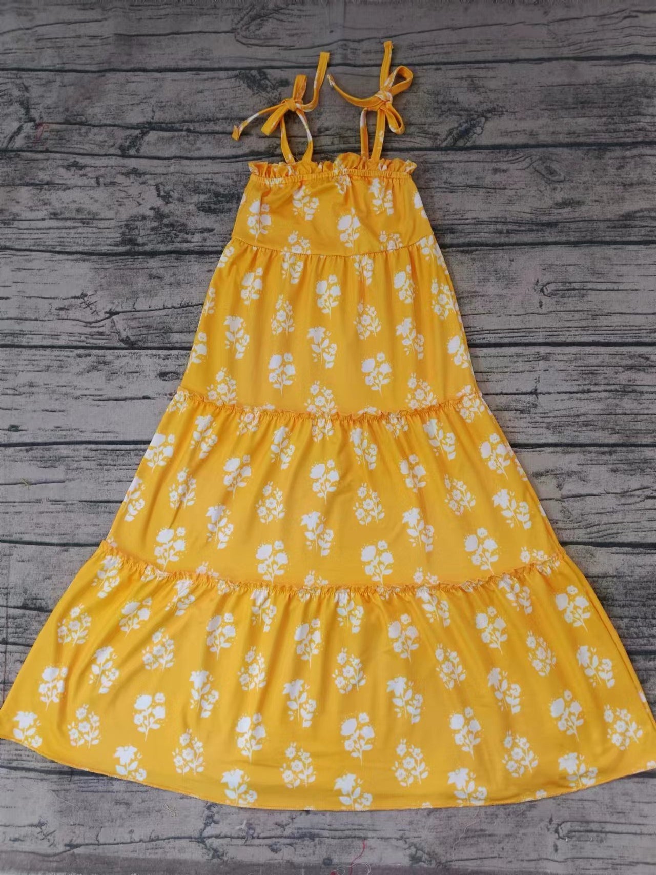 NO.2 (Custom Design Preorder MOQ 5)  Mustard Flowers Print Girls Summer Ankle Length Strap Dress