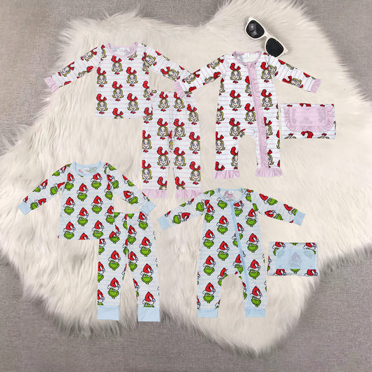Green Frog With Pink Girl Print Sibling Christmas Bamboo Matching Clothes