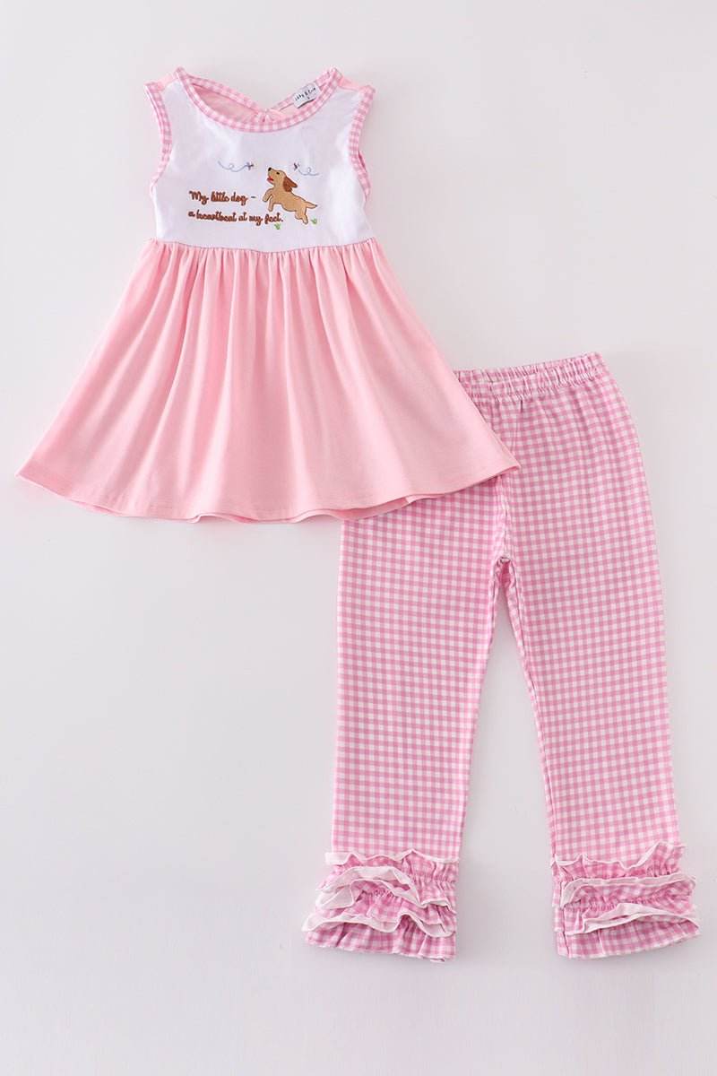 (Custom Design Preorder MOQ 5) Dog Backless Tunic Top Pink Plaid Pants Girls Clothes Set