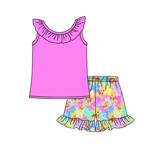 12.12(Custom Design Preorder MOQ 5) Hot Pink Top Cartoon Bear Tie-dye Shorts Girls Summer Clothes Set