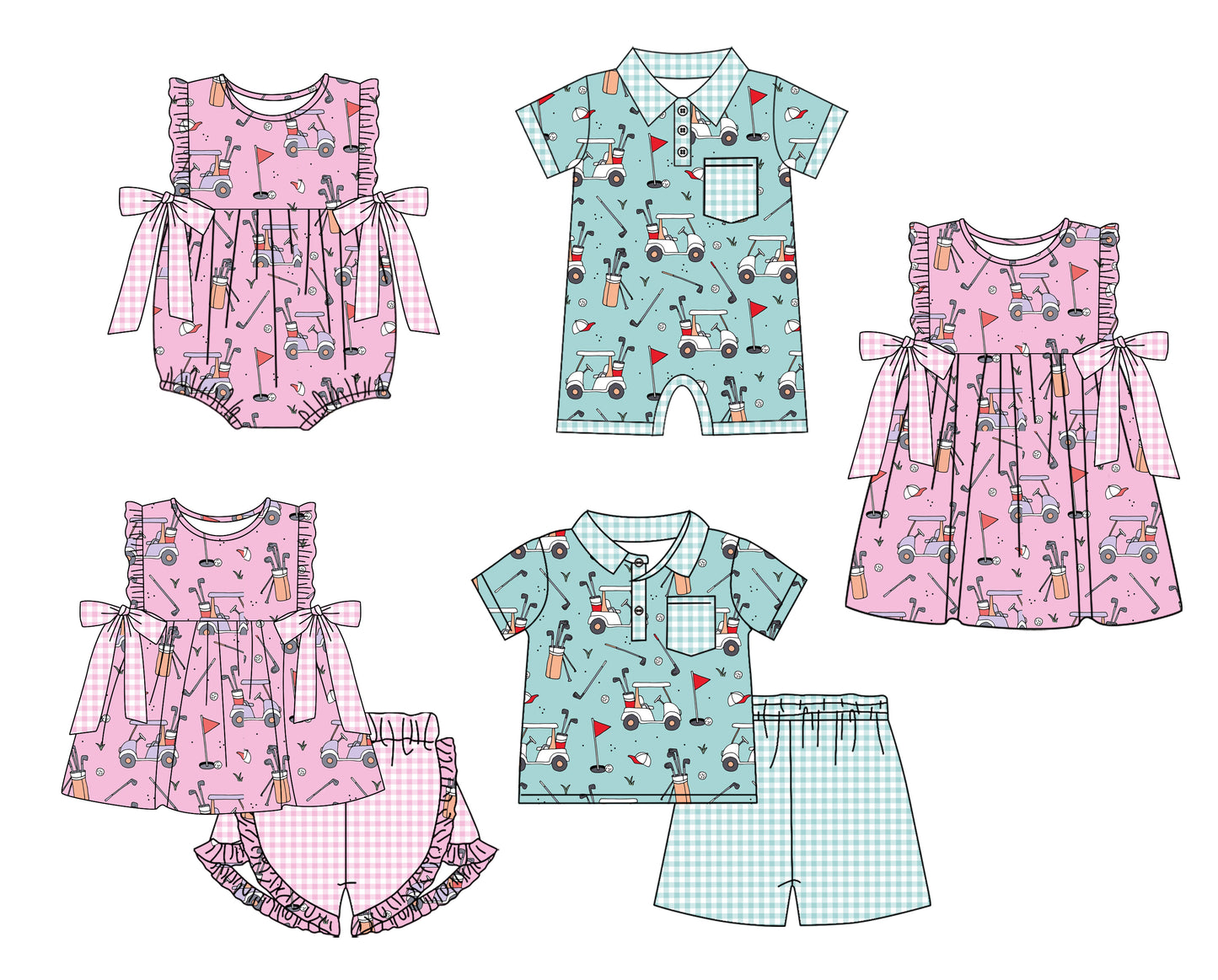 11.29(Custom Design Preorder MOQ 5 Each Design) Golf Print Kids Summer Matching Clothes Sibling Wear