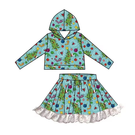 (Custom Design Preorder MOQ 5) Green Frog Print Girls Christmas Skirts Clothes Set