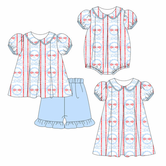 3.6(Custom Design Preorder MOQ 5 Each Design) Flag Blue Bows Print Girls 4th of July Matching Clothes Sisters Wear