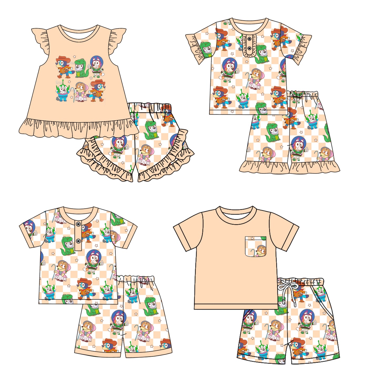 1.4(Custom Design Preorder MOQ 5 Each Design) Cartoon Dog Khaki Print Kids Summer Matching Clothes Sibling Wear
