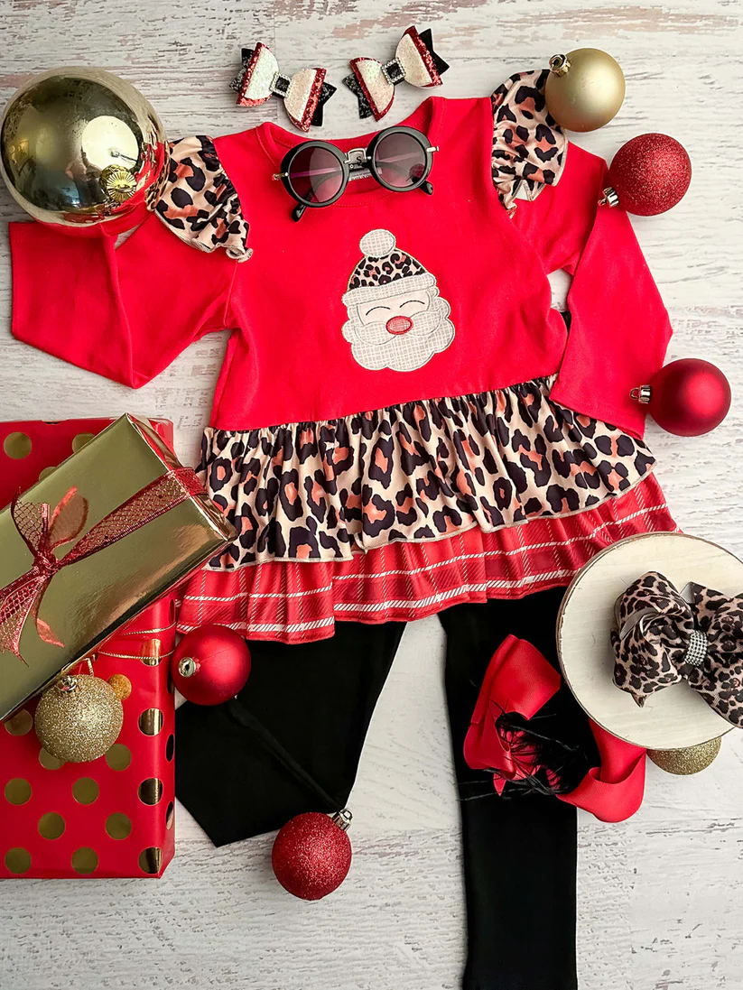 (Custom Design Preorder MOQ 5) Santa Tunic Top Black Pants Girls Christmas Clothes Set