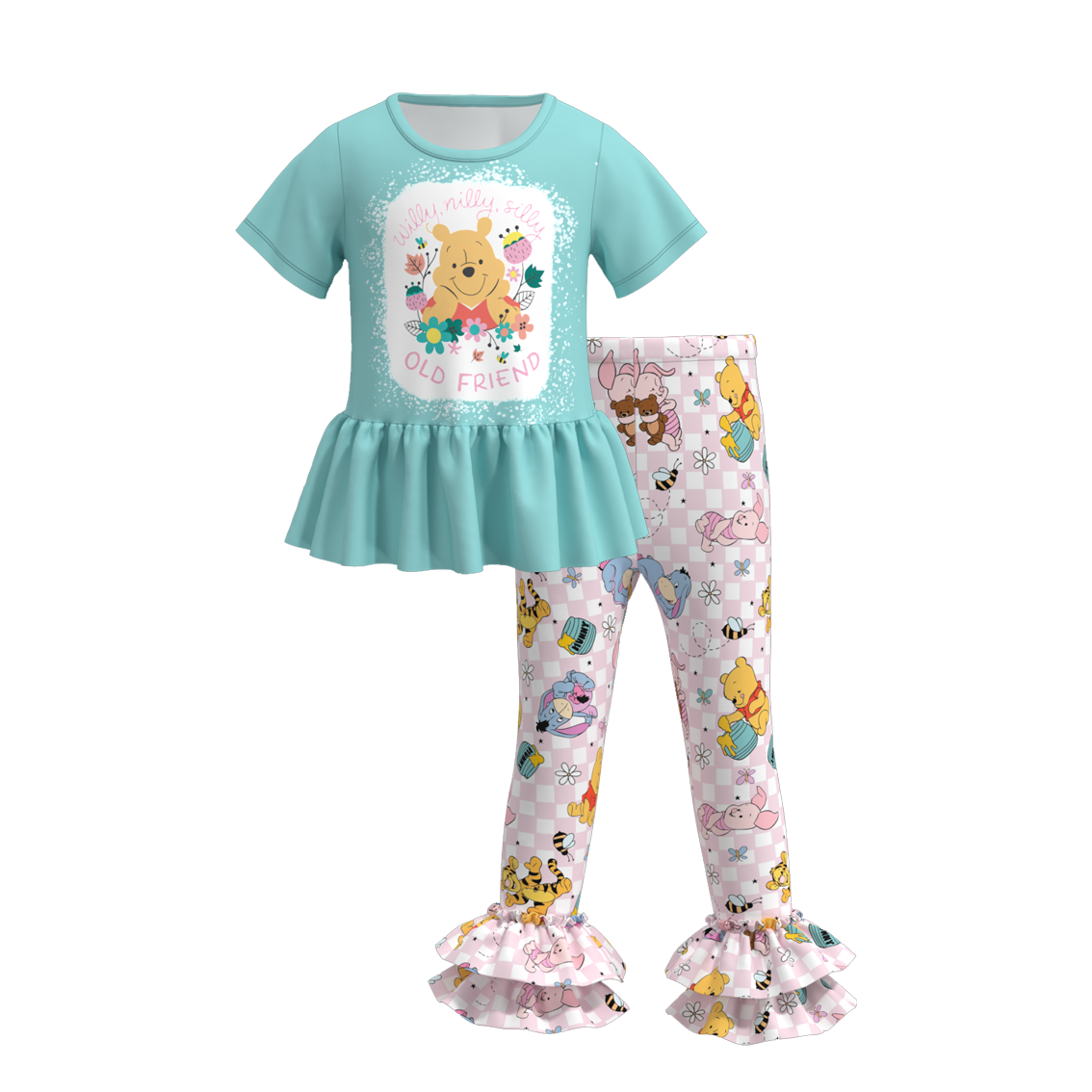 (Custom Design Preorder MOQ 5) Cartoon Bear Old Friend Top Ruffle Pants Girls Clothes Set