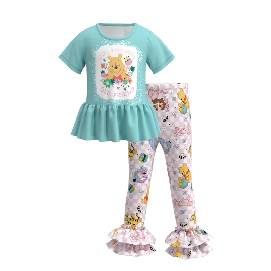 (Custom Design Preorder MOQ 5) Cartoon Bear Old Friend Top Ruffle Pants Girls Clothes Set