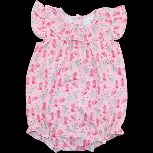 (Custom Design Preorder MOQ 5) Boots Hat Cactus Pink Print Baby Girls Western Summer Romper