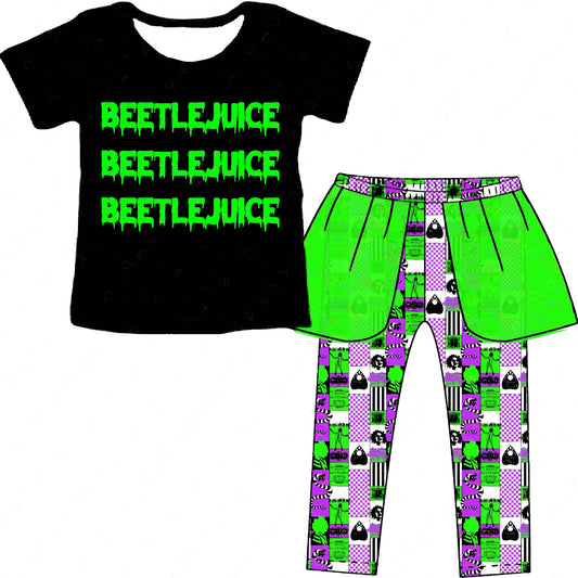 (Custom Design Preorder MOQ 5) Beetlejuice Top Plaid Pants Girls Halloween Clothes Set