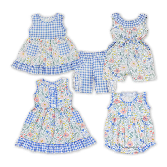 Flowers Blue Plaid Print Sisters Summer Matching Clothes
