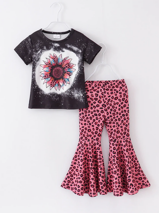 (Custom Design Preorder MOQ 5) Sunflowers Top Pink Leopard Bell Pants Girls Clothes Set