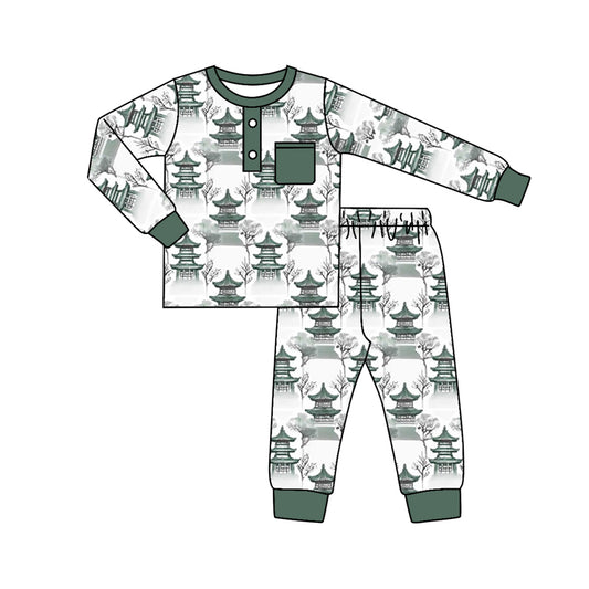 (Custom Design Preorder MOQ 5) Chinese Pavilions Print Boys Pajamas Clothes Set