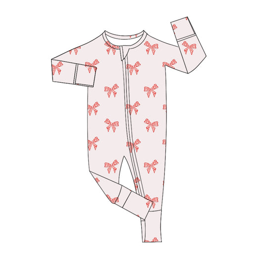 (Custom Design Preorder MOQ 5)  Heart Bows Print Baby Girls Valentine's Day Bamboo Sleeper Zipper Romper