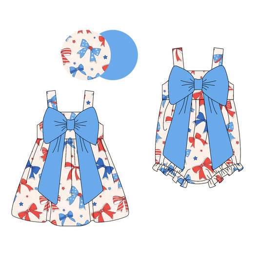 3.5(Custom Design Preorder MOQ 5 Each Design) Red Blue Bows Print Girls 4th of July Matching Clothes Sisters Wear