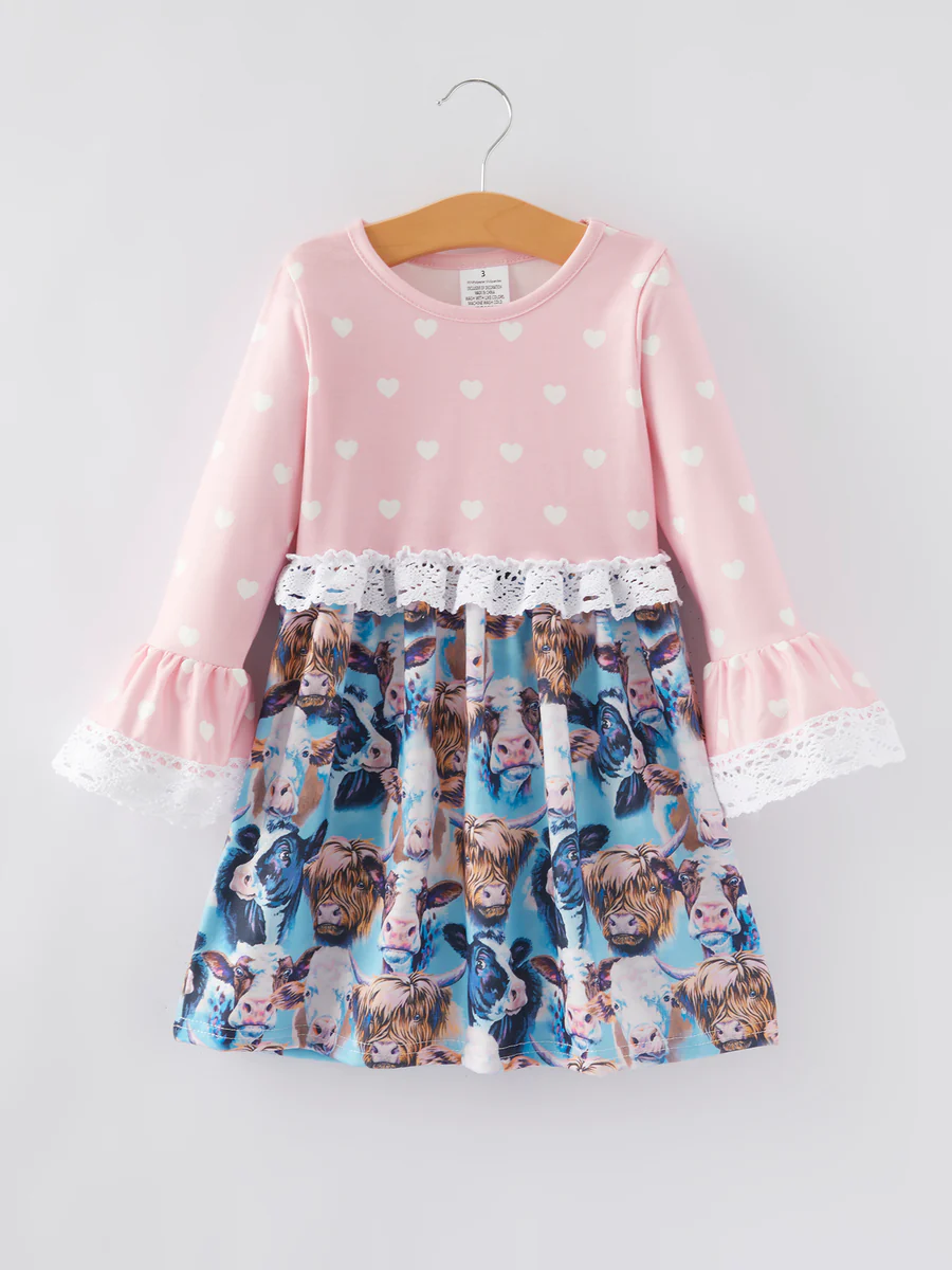 (Custom Design Preorder MOQ 5)  Pink Heart Highland Cow Print Girls Knee Length Dress