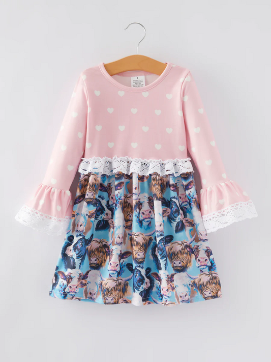 (Custom Design Preorder MOQ 5)  Pink Heart Highland Cow Print Girls Knee Length Dress