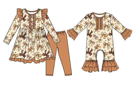 7.1(Custom Design Preorder MOQ 5 Each Design) Brown Bows Flowers Print Girls Fall Matching Clothes Sisters Wear