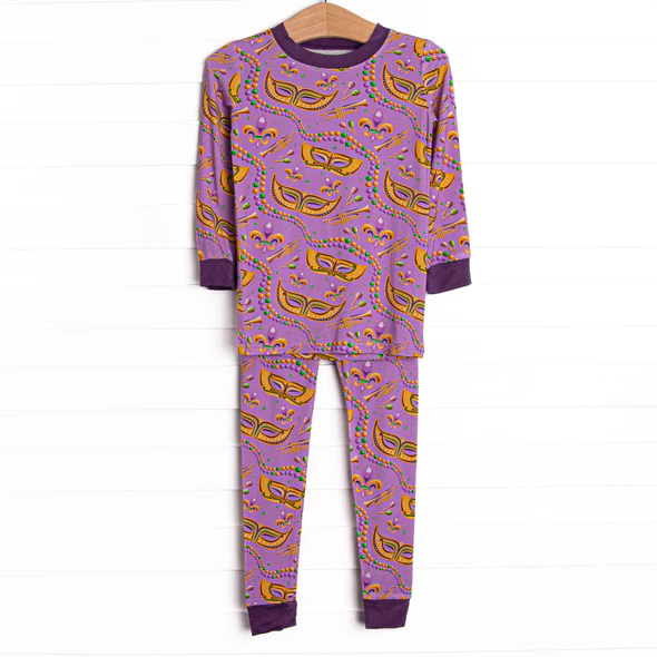 (Custom Design Preorder MOQ 5) Mask Purple Print Girls Mardi Gras Pajamas Clothes Set