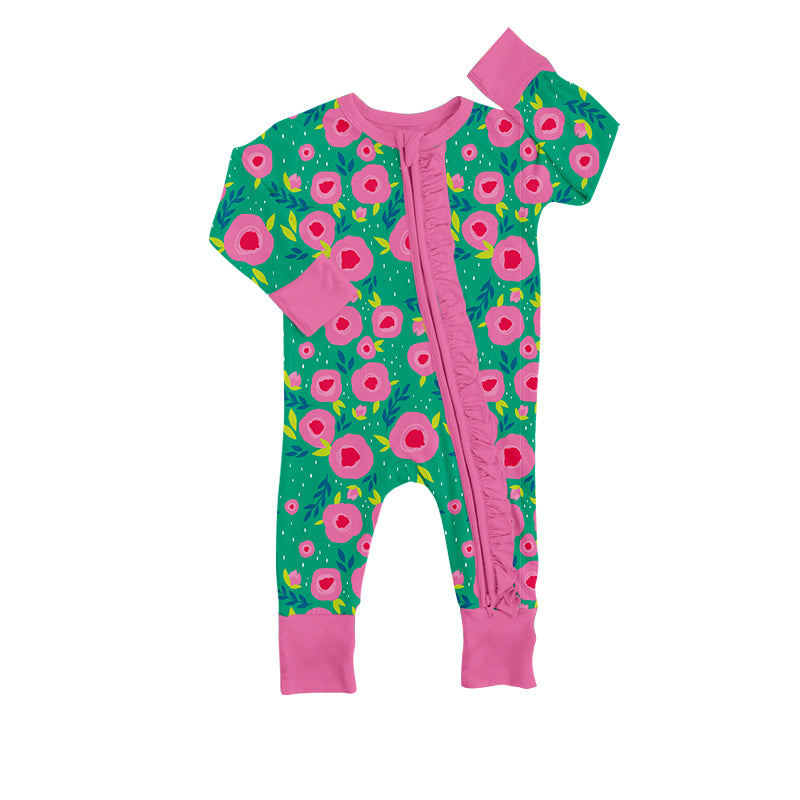 (Custom Design Preorder MOQ 5) NO.27Green Flowers Print Baby Zip Romper