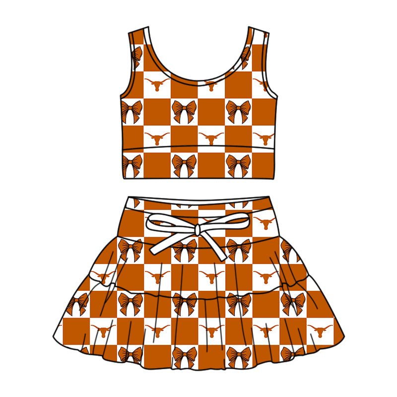 (Custom Design Preorder MOQ 5 Each Color) Team's Texas Longhorns Bows Plaid Print Girls Summer Clothes Sisters Matching Wear