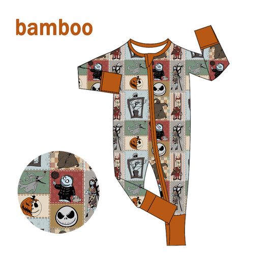 (Custom Design Preorder MOQ 20) Cartoon Character Plaid Print Baby Halloween Long Sleeve Bamboo Sleeper Zipper Romper