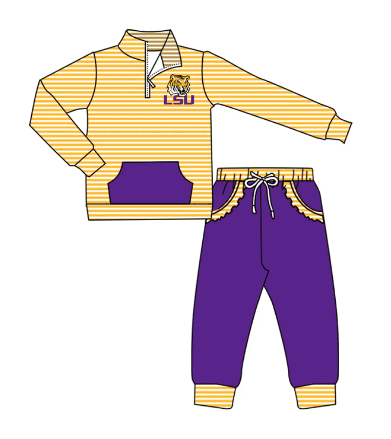 (Custom Design Preorder MOQ 5)  Team's LSU Tigers Stripes Zipper Top Pockets Pants Girls Clothes Set