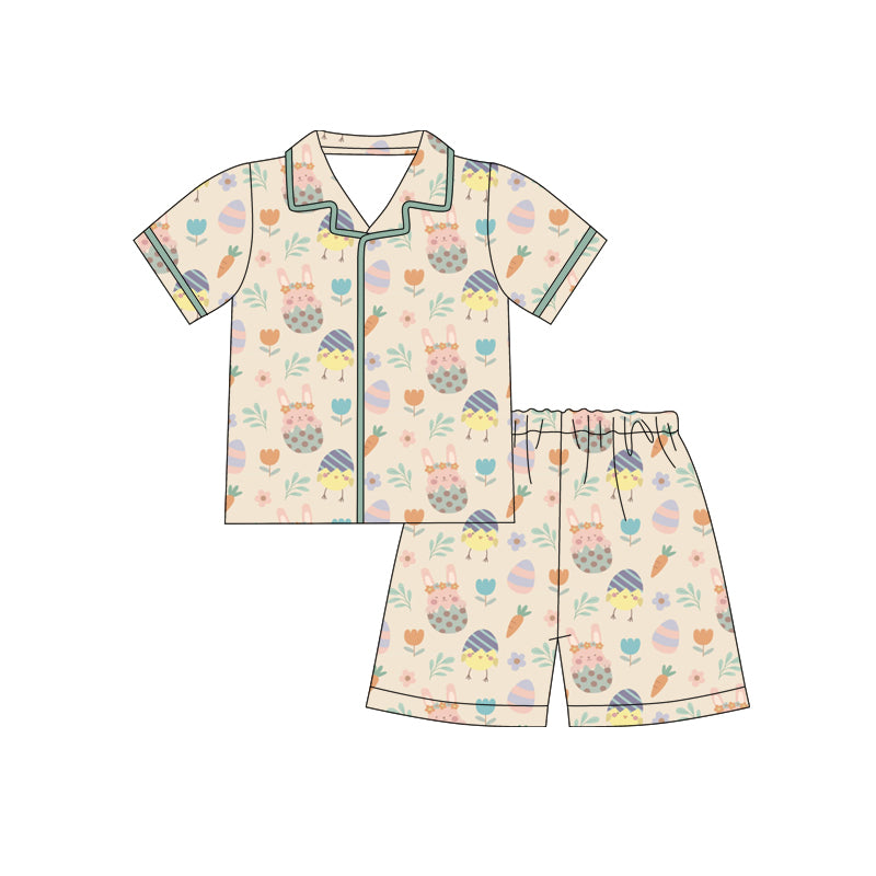 12.10 (Custom Design Preorder MOQ 5)  Bunny Flowers Eggs Carrot Print Girls Easter Buttons Pajamas Clothes Set