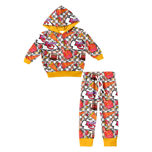 (Custom Design Preorder MOQ 5) Team's KC Yellow Print Pockets Pants Kids Fall Hoodie Clothes Set